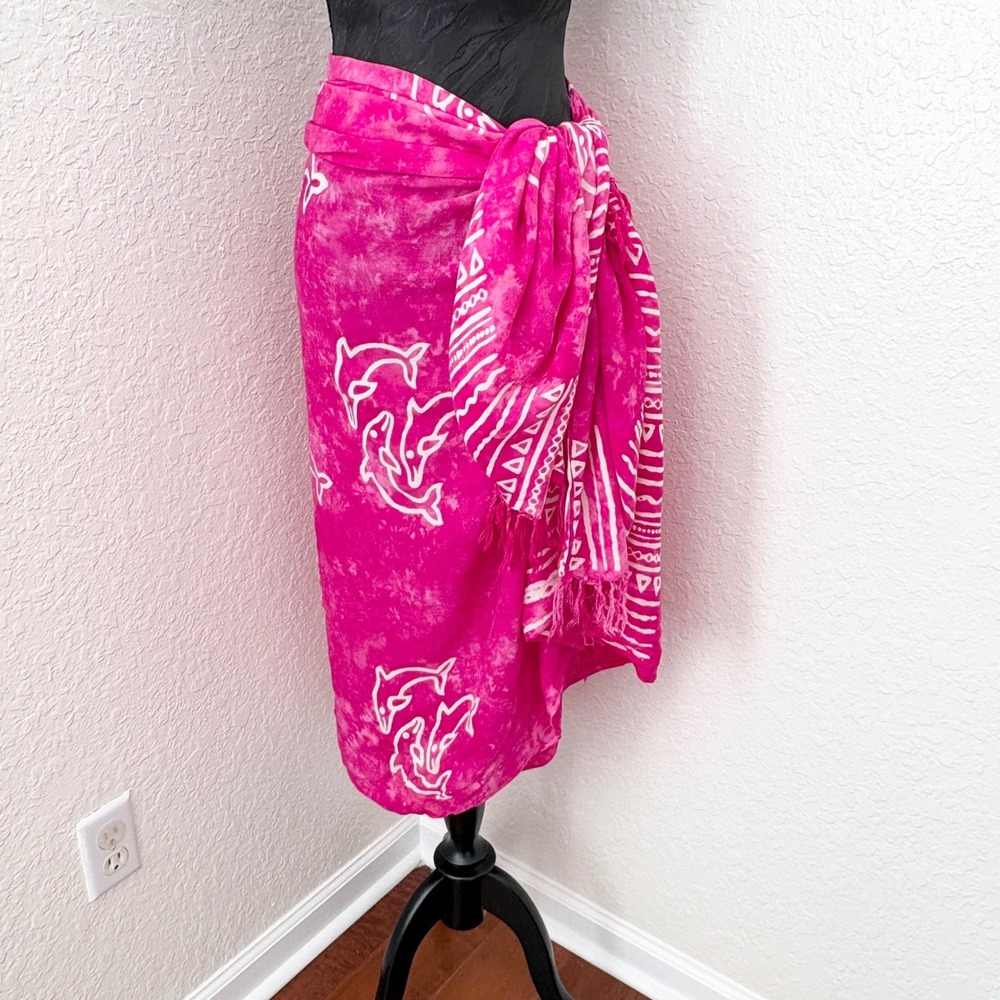 Koko Knot Dolphin Batik Fringed Sarong Wrap Women OS Pink
